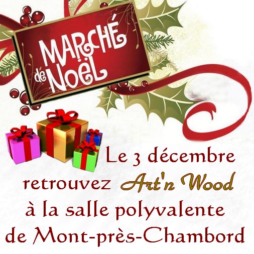 Marché de Noël artisanal d` Art`n Wood à Mont-près-Chambord, le 3 décembre 2017. Bijoux artisanaux, sculptures et cadeaux d`art personnalisés et sur-mesure.