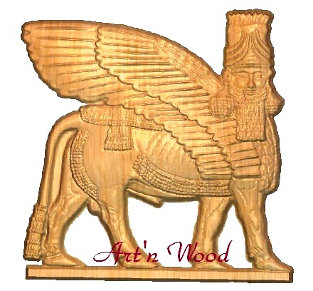 création d`un bijou sur demande: pectoral en bois de cormier illustrant le Taureau ailé de Sumer - Art`n Wood, sculptrice, artisan d`art, créatrice de bijoux artisanaux sur-mesure