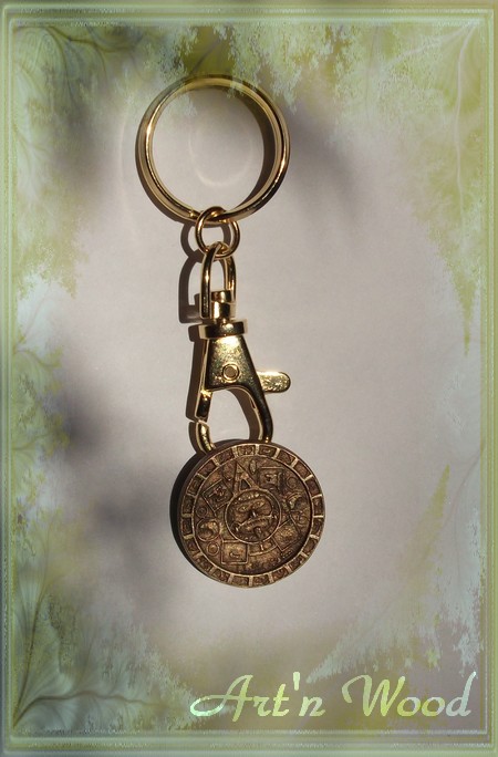 Porte-clefs Pierre du Soleil, calendrier aztèque 3cm en bronze doré massif