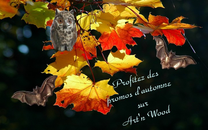 promotion d`automne Art`n Wood: réduction sur les bijoux artisanaux, sculptures et cadeaux personnalisés thème Halloween, hibou, jardin, abeille ,fleur, chauve-souris: faites-vous plaisir à petit prix