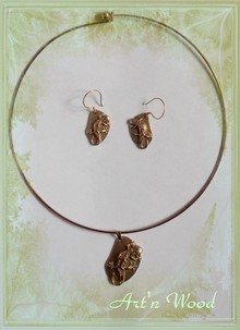 Parure salamandre pendentif et boucles d'oreille en bronze doré massif