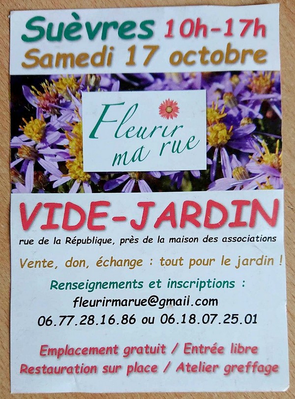 Vide-jardin ce 17 octobre à Suévres (41), venez m'y retrouver!