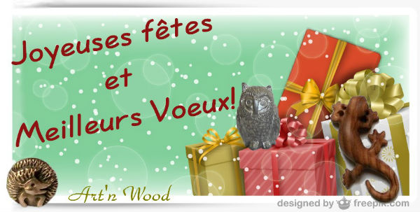 Joyeuses Fêtes et Meilleurs Voeux pour Noël et Nouvel An d`Art`n Wood, créatrice de cadeaux faits mains, sur-mesure et personnalisés, bijoux artisanaux et accessoires en matières précieuses naturelles